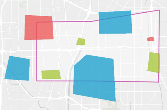 Input colored polygons in red, blue and green, and a single transparent polygon with a pink outline Input colored polygons in red, blue and green, and a single transparent polygon with a pink outline